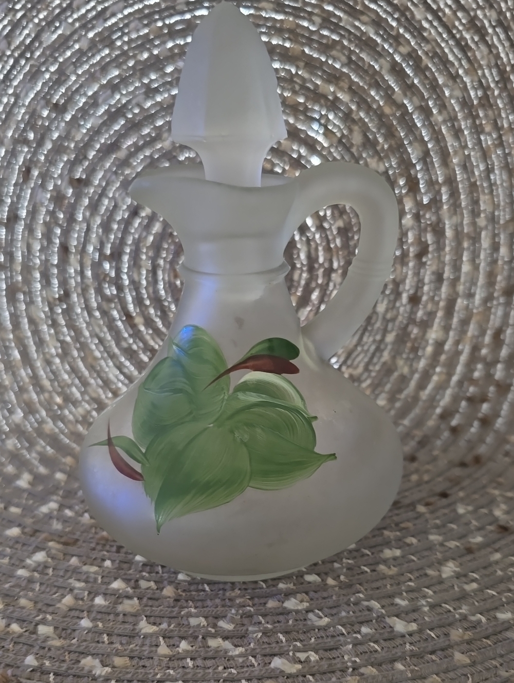Frosted Glass Decorative Cruet with Hand-Painted Green Leaf Motif